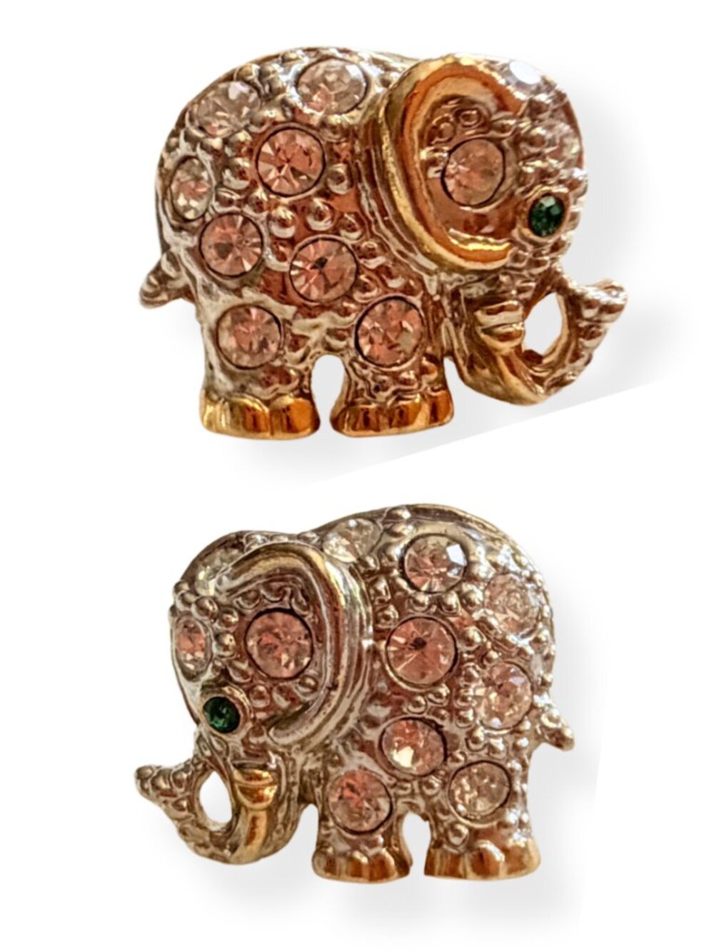 Vintage Pink Rhinestone Elephant Post Earrings Green Eyes Good Luck Trunk Up